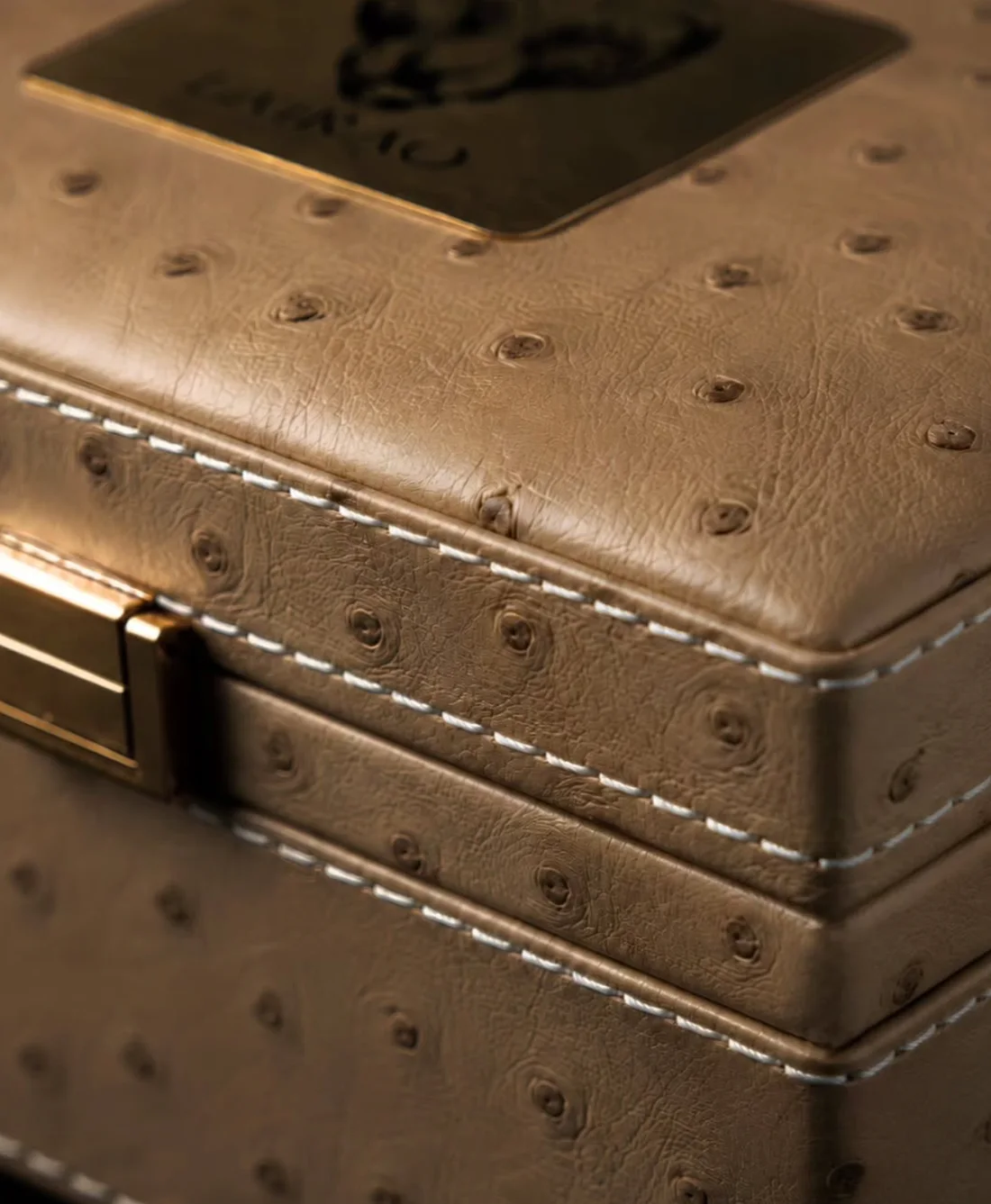 The ostrich grain and contrasting stitching of an Umrao coffret