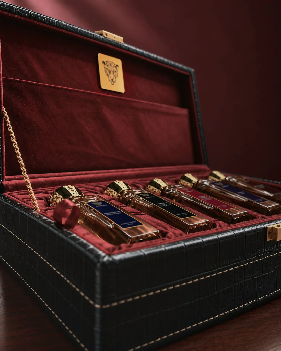 An open crocodile-grain coffret holding five Umrao bottles on red velvet